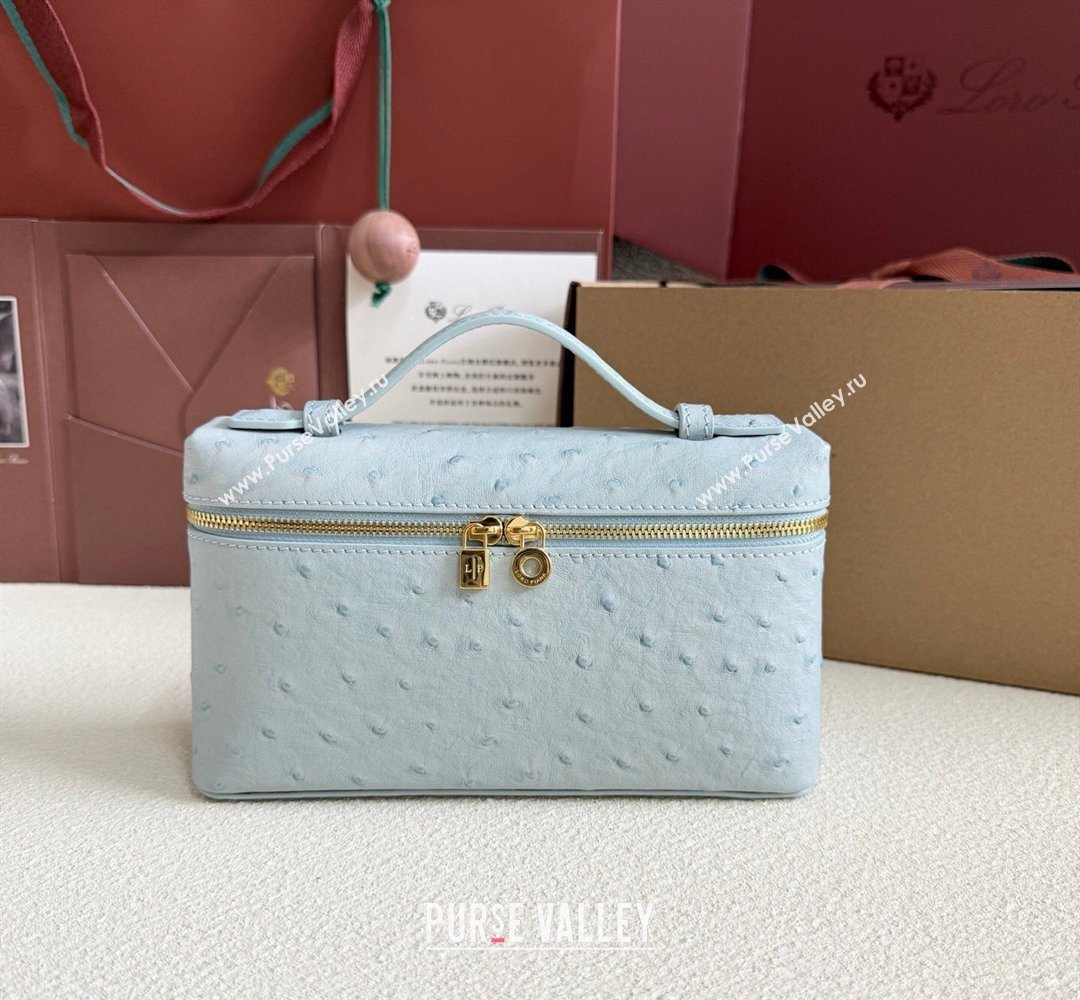 Loro Piana LP Extra Pocket Pouch L19 in Ostrich Embossed Leather Light Blue/Gold 2026 FAI8393 (YY-260408035)
