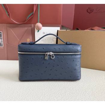 Loro Piana LP Extra Pocket Pouch L19 in Ostrich Embossed Leather Midnight Blue/Silver 2026 FAI8393 (YY-260408036)