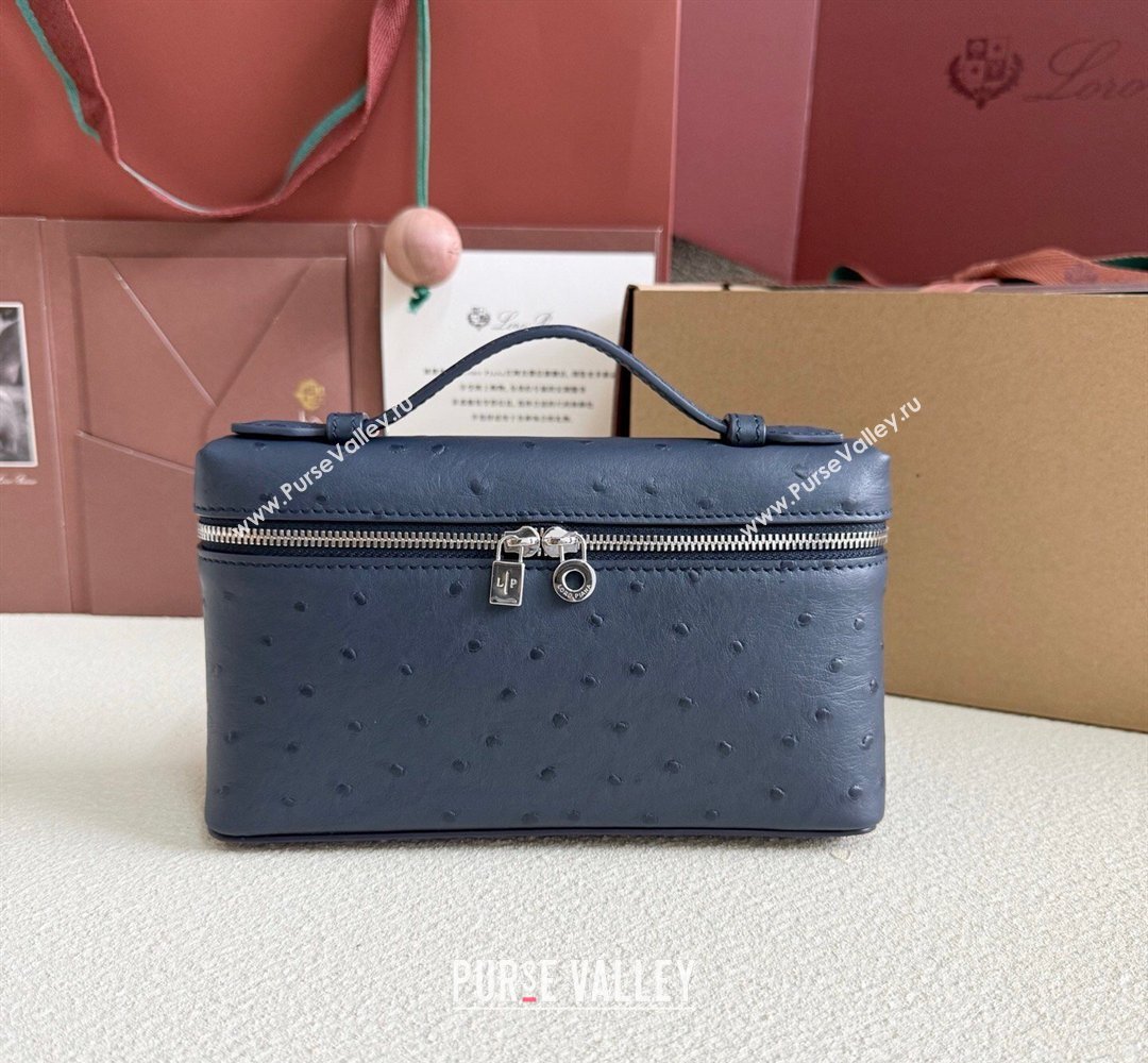 Loro Piana LP Extra Pocket Pouch L19 in Ostrich Embossed Leather Midnight Blue/Silver 2026 FAI8393 (YY-260408036)