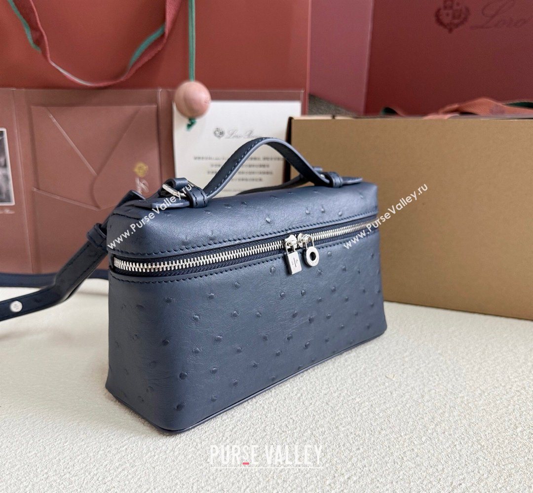 Loro Piana LP Extra Pocket Pouch L19 in Ostrich Embossed Leather Midnight Blue/Silver 2026 FAI8393 (YY-260408036)
