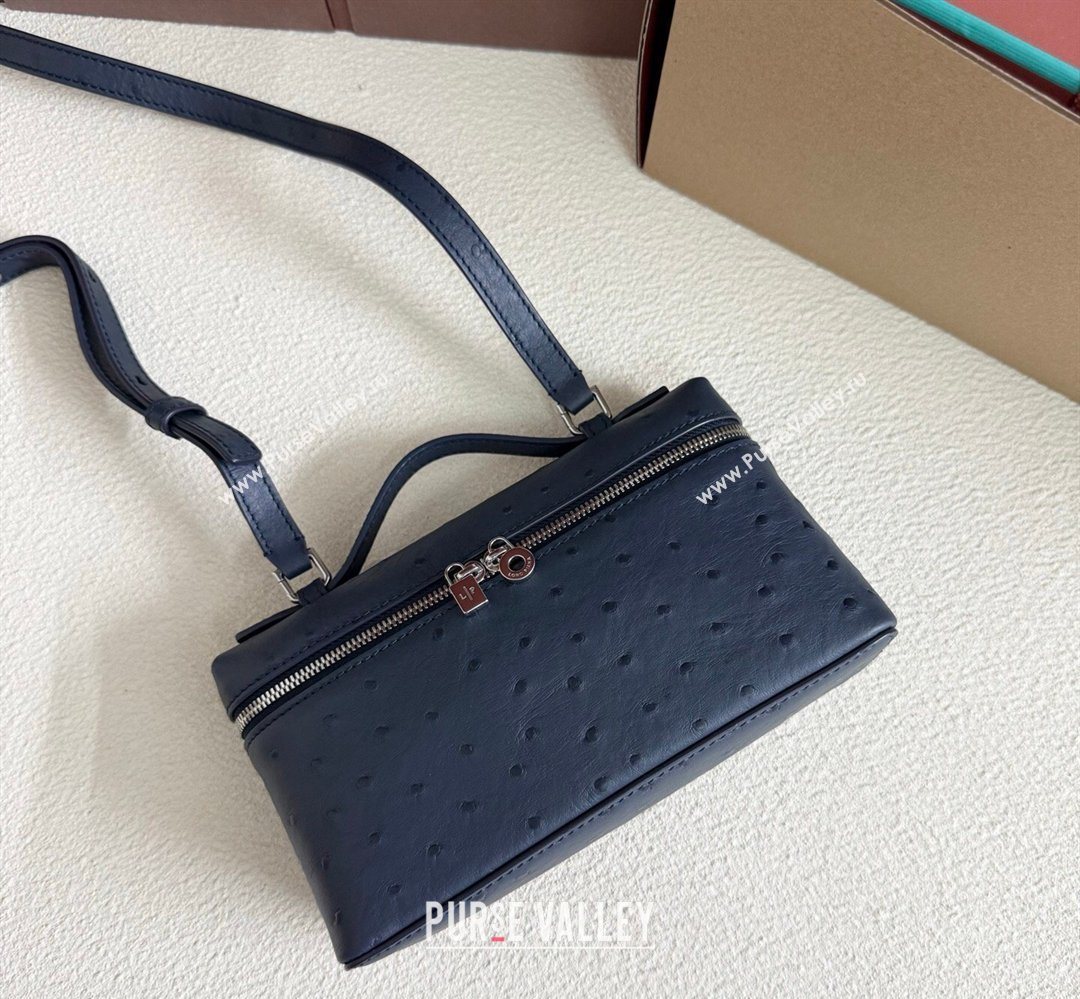 Loro Piana LP Extra Pocket Pouch L19 in Ostrich Embossed Leather Midnight Blue/Silver 2026 FAI8393 (YY-260408036)