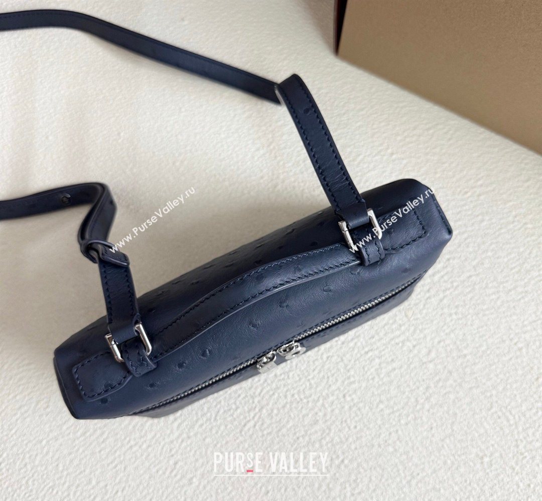 Loro Piana LP Extra Pocket Pouch L19 in Ostrich Embossed Leather Midnight Blue/Silver 2026 FAI8393 (YY-260408036)