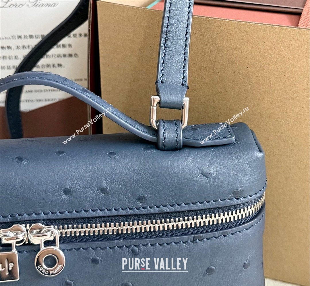 Loro Piana LP Extra Pocket Pouch L19 in Ostrich Embossed Leather Midnight Blue/Silver 2026 FAI8393 (YY-260408036)