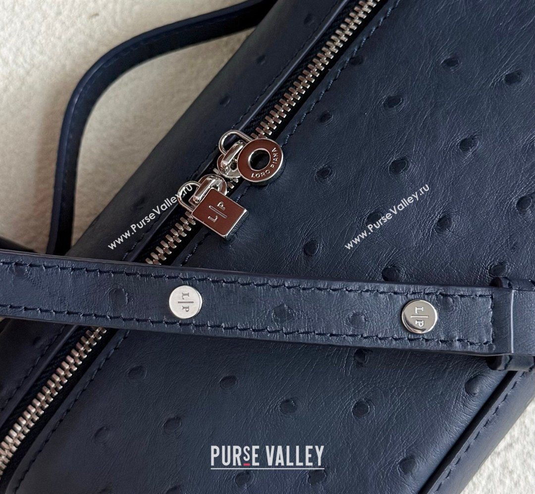 Loro Piana LP Extra Pocket Pouch L19 in Ostrich Embossed Leather Midnight Blue/Silver 2026 FAI8393 (YY-260408036)