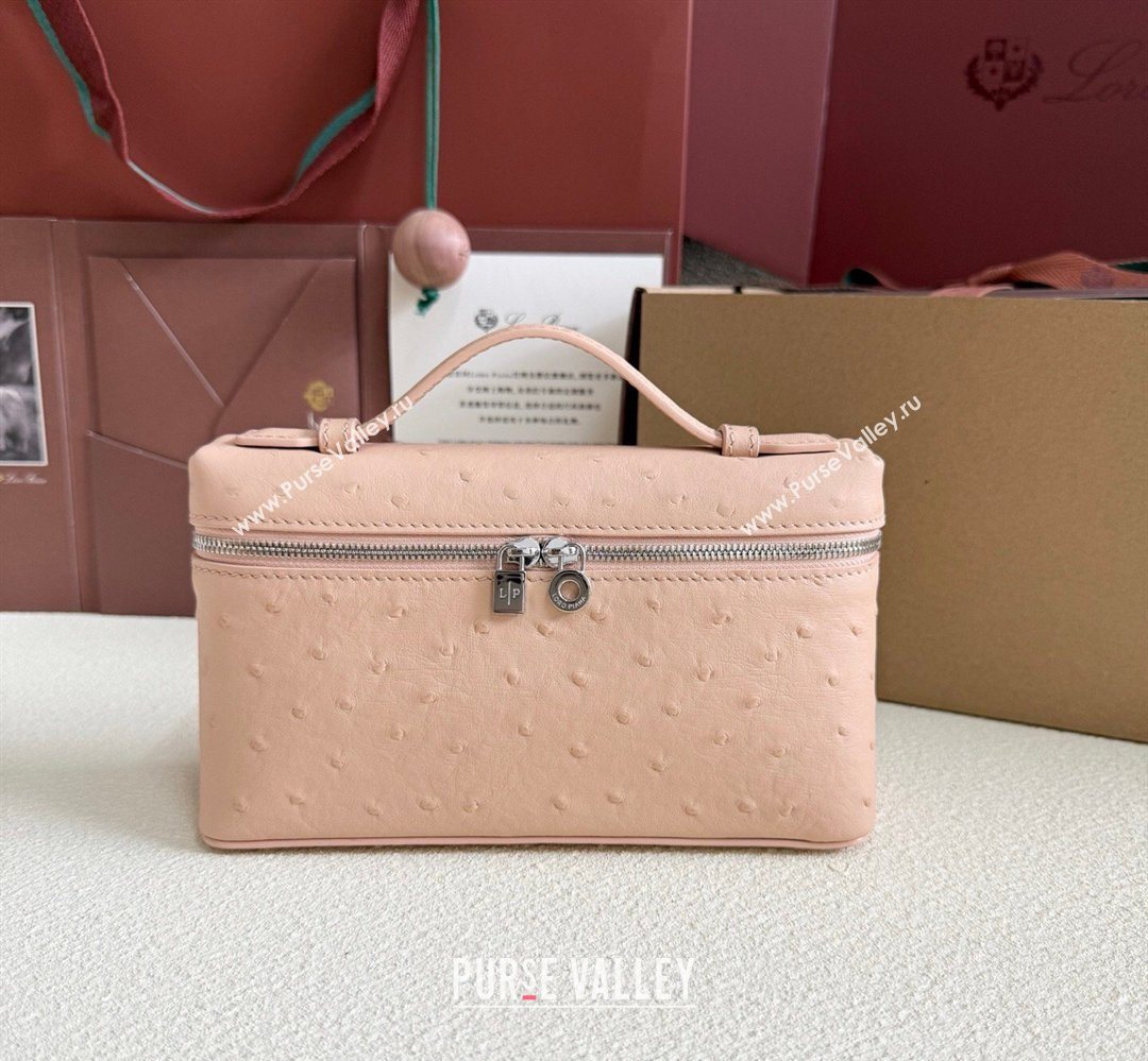 Loro Piana LP Extra Pocket Pouch L19 in Ostrich Embossed Leather Powder Pink/Silver 2026 FAI8393 (YY-260408037)