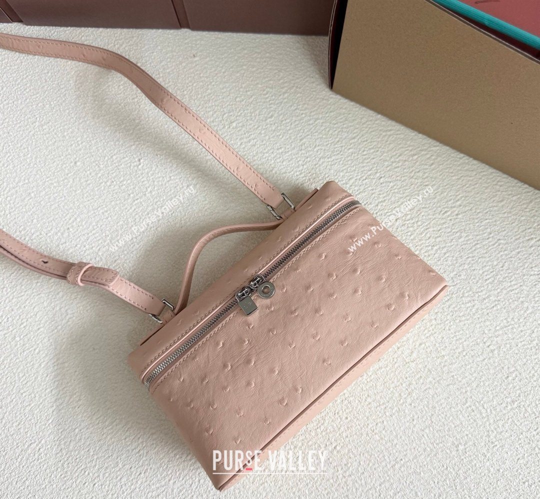 Loro Piana LP Extra Pocket Pouch L19 in Ostrich Embossed Leather Powder Pink/Silver 2026 FAI8393 (YY-260408037)
