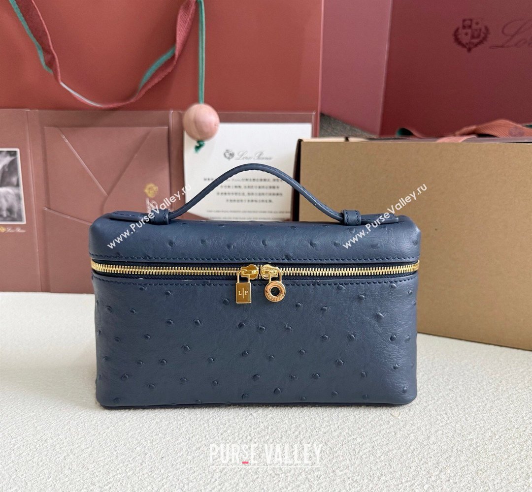 Loro Piana LP Extra Pocket Pouch L19 in Ostrich Embossed Leather Midnight Blue/Gold 2026 FAI8393 (YY-260408038)