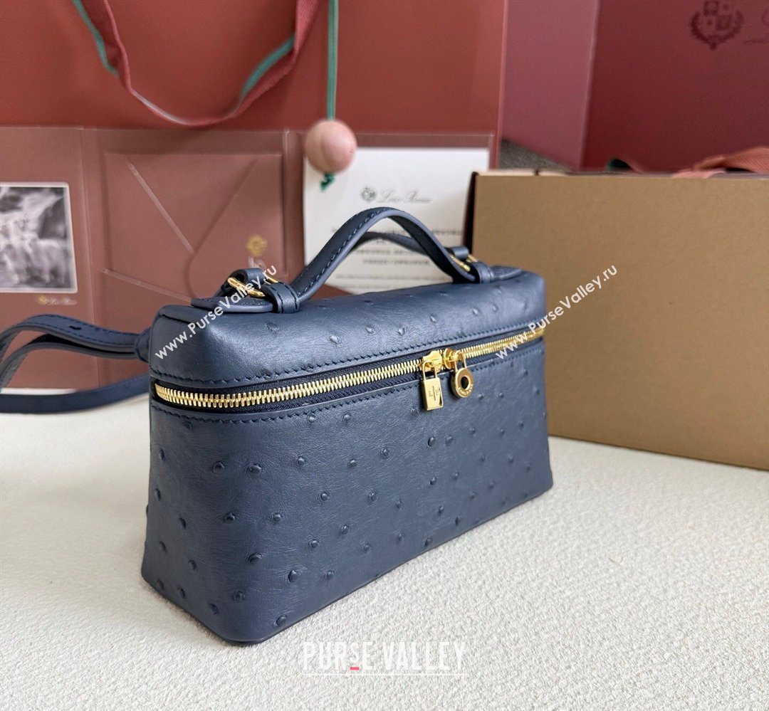 Loro Piana LP Extra Pocket Pouch L19 in Ostrich Embossed Leather Midnight Blue/Gold 2026 FAI8393 (YY-260408038)