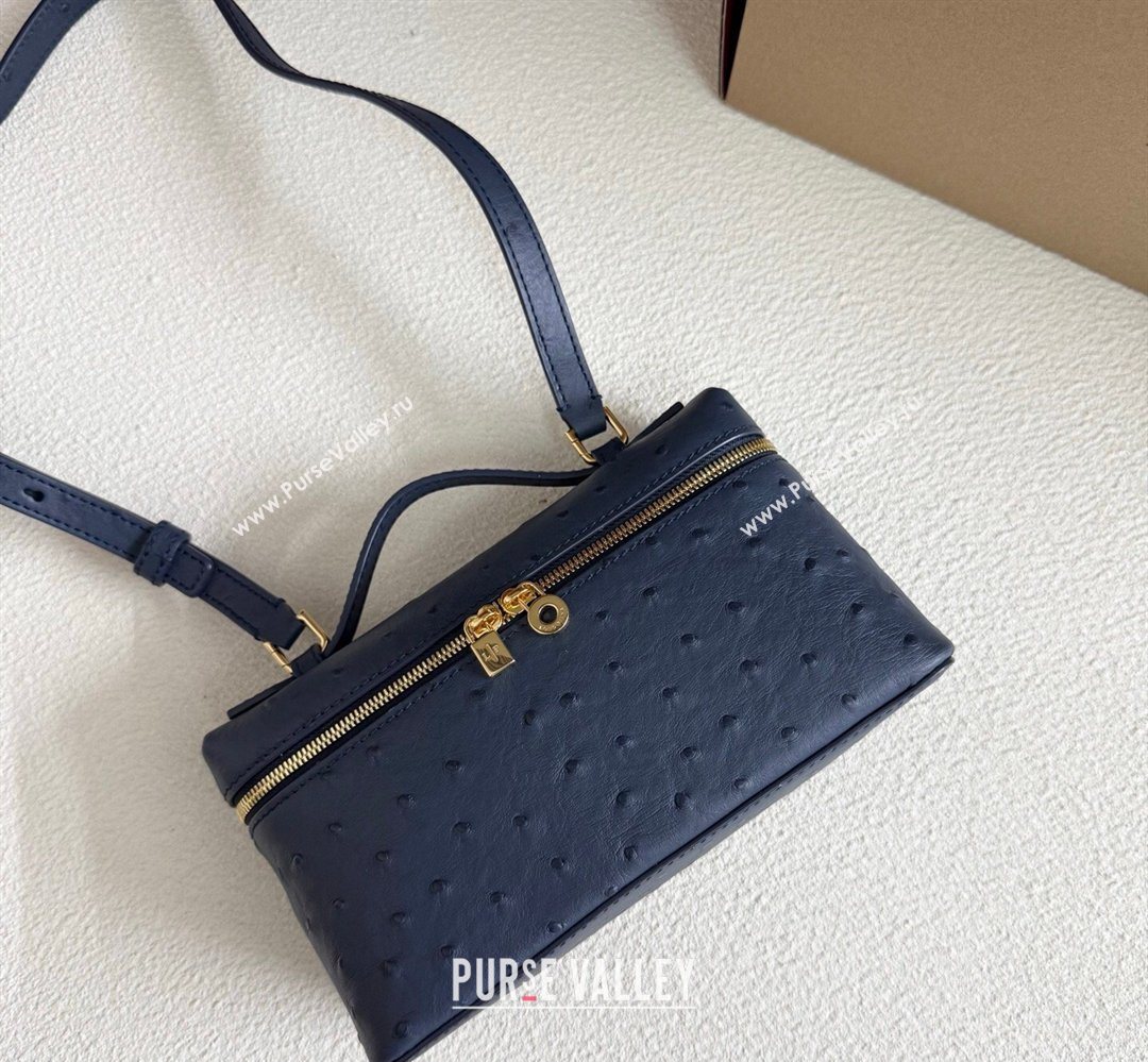 Loro Piana LP Extra Pocket Pouch L19 in Ostrich Embossed Leather Midnight Blue/Gold 2026 FAI8393 (YY-260408038)