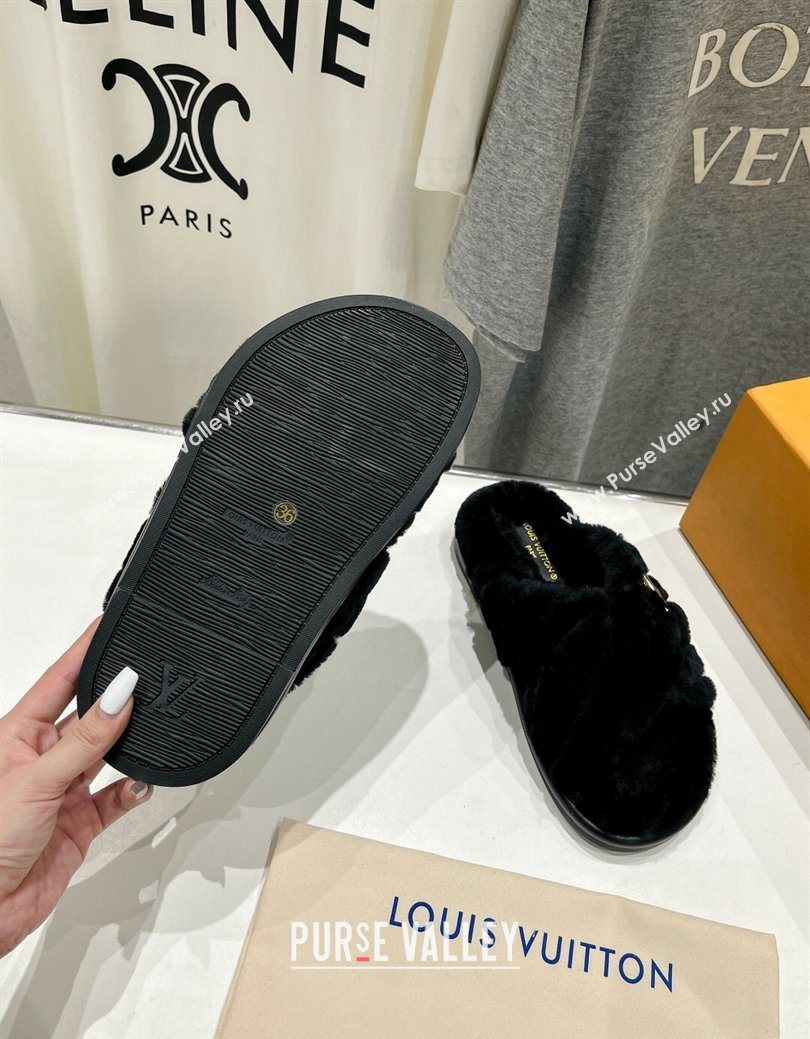 Louis Vuitton LV Bliss Comfort Shearling Flat Slides Sandal Black 2025 1ACTEA (MD-250829110)