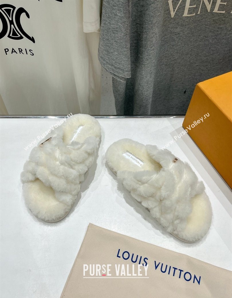 Louis Vuitton LV Bliss Comfort Shearling Flat Slides Sandal White 2025 1ACTEA (MD-250829111)