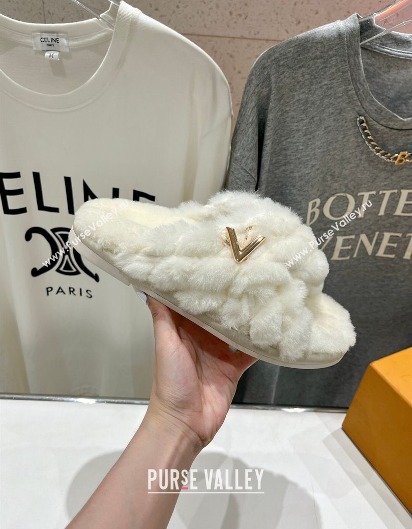 Louis Vuitton LV Bliss Comfort Shearling Flat Slides Sandal White 2025 1ACTEA (MD-250829111)