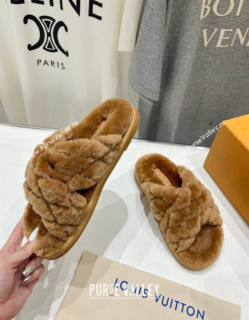 Louis Vuitton LV Bliss Comfort Shearling Flat Slides Sandal Brown 2025 1ACTEA (MD-250829112)
