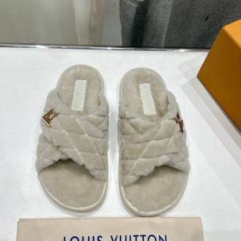 Louis Vuitton LV Bliss Comfort Shearling Flat Slides Sandal Grey 2025 1ACTEA (MD-250829113)