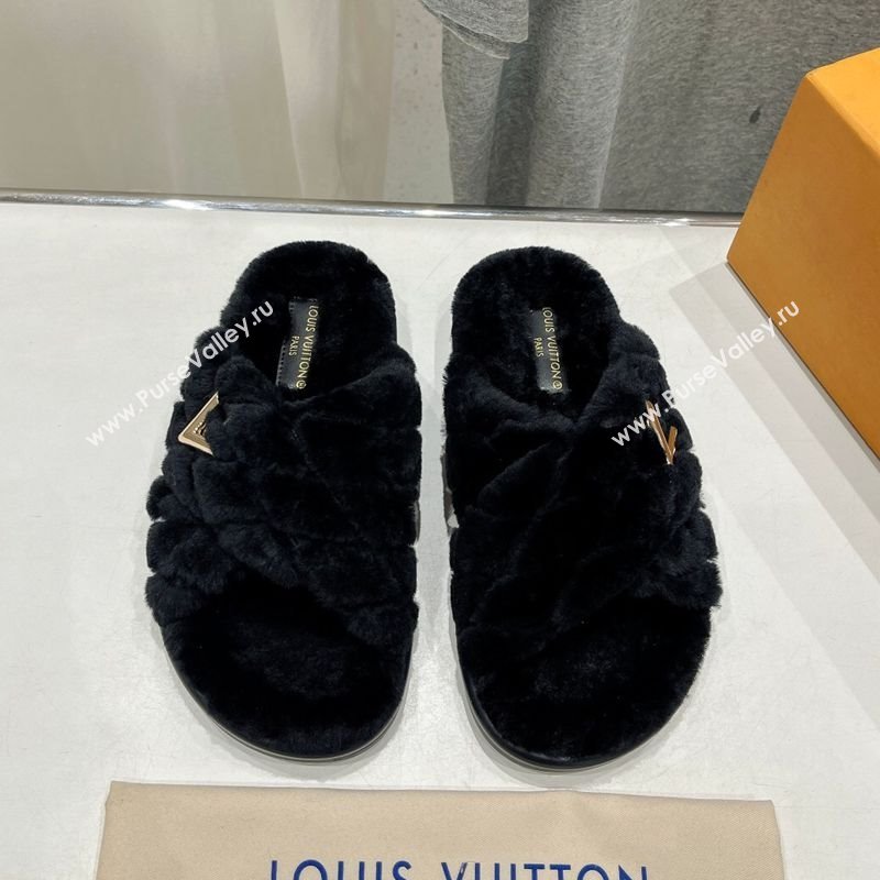 Louis Vuitton LV Bliss Comfort Shearling Flat Slides Sandal Black 2025 1ACTEA (MD-250829110)