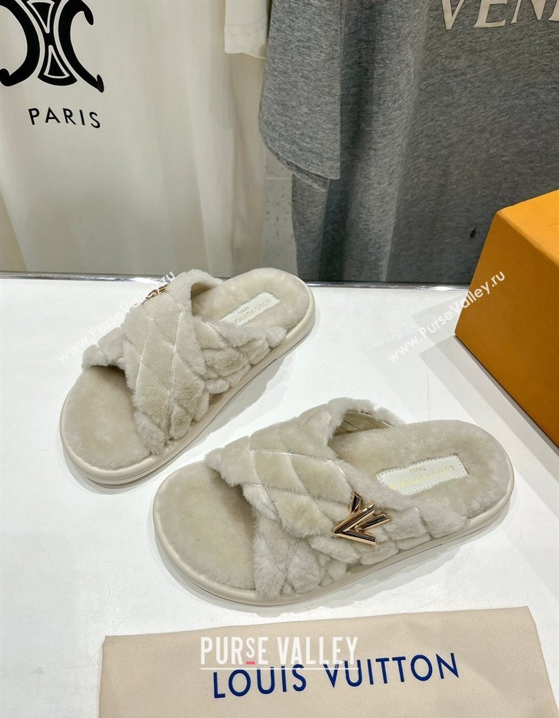 Louis Vuitton LV Bliss Comfort Shearling Flat Slides Sandal Grey 2025 1ACTEA (MD-250829113)
