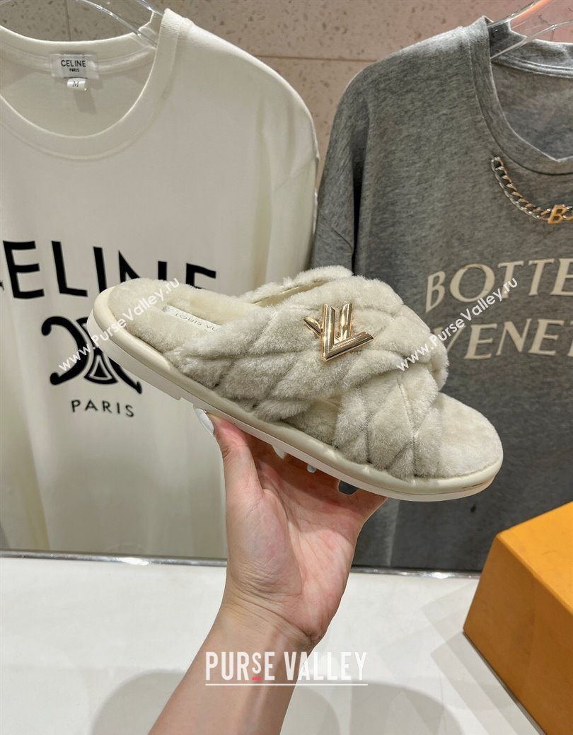 Louis Vuitton LV Bliss Comfort Shearling Flat Slides Sandal Grey 2025 1ACTEA (MD-250829113)