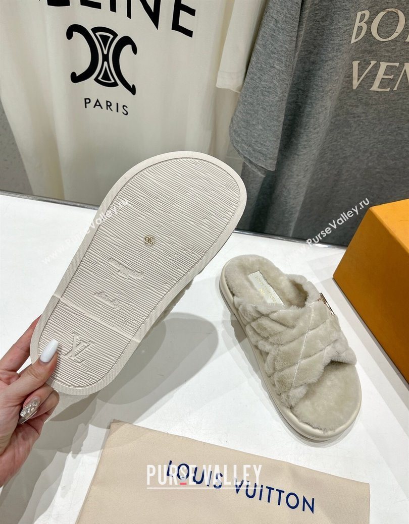 Louis Vuitton LV Bliss Comfort Shearling Flat Slides Sandal Grey 2025 1ACTEA (MD-250829113)