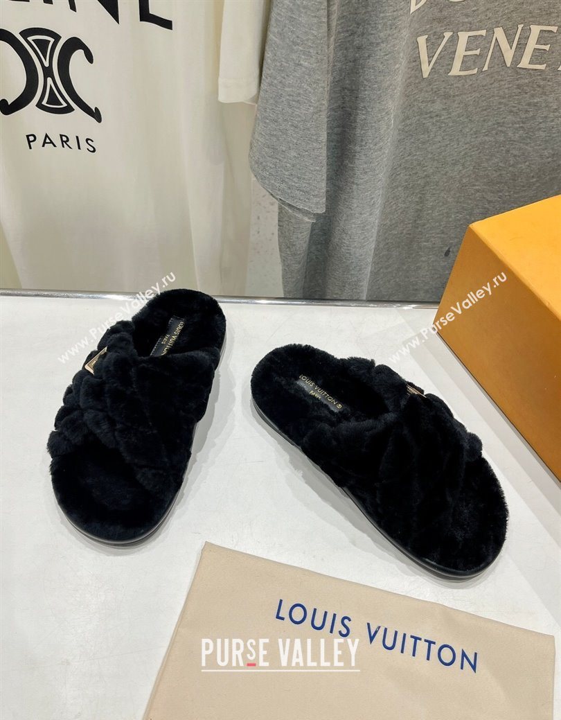 Louis Vuitton LV Bliss Comfort Shearling Flat Slides Sandal Black 2025 1ACTEA (MD-250829110)