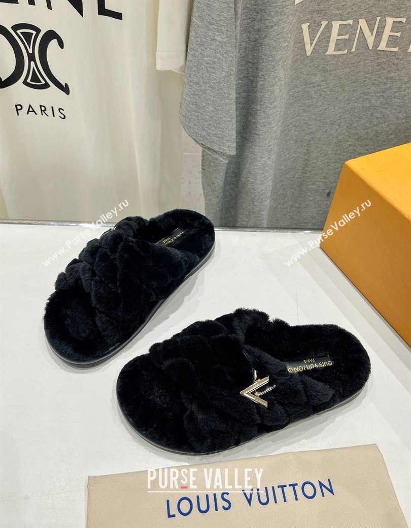 Louis Vuitton LV Bliss Comfort Shearling Flat Slides Sandal Black 2025 1ACTEA (MD-250829110)