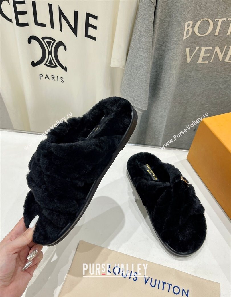 Louis Vuitton LV Bliss Comfort Shearling Flat Slides Sandal Black 2025 1ACTEA (MD-250829110)