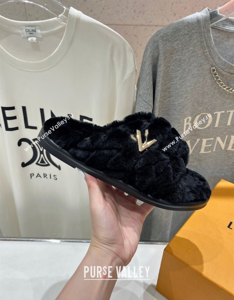Louis Vuitton LV Bliss Comfort Shearling Flat Slides Sandal Black 2025 1ACTEA (MD-250829110)