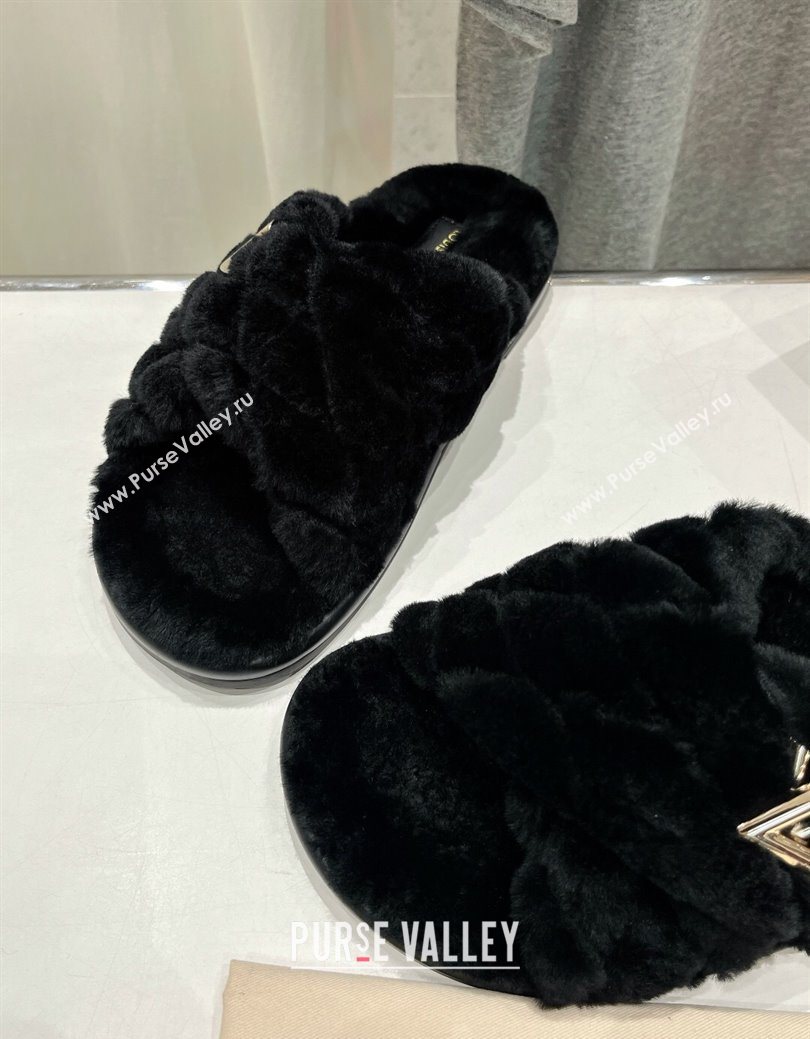 Louis Vuitton LV Bliss Comfort Shearling Flat Slides Sandal Black 2025 1ACTEA (MD-250829110)