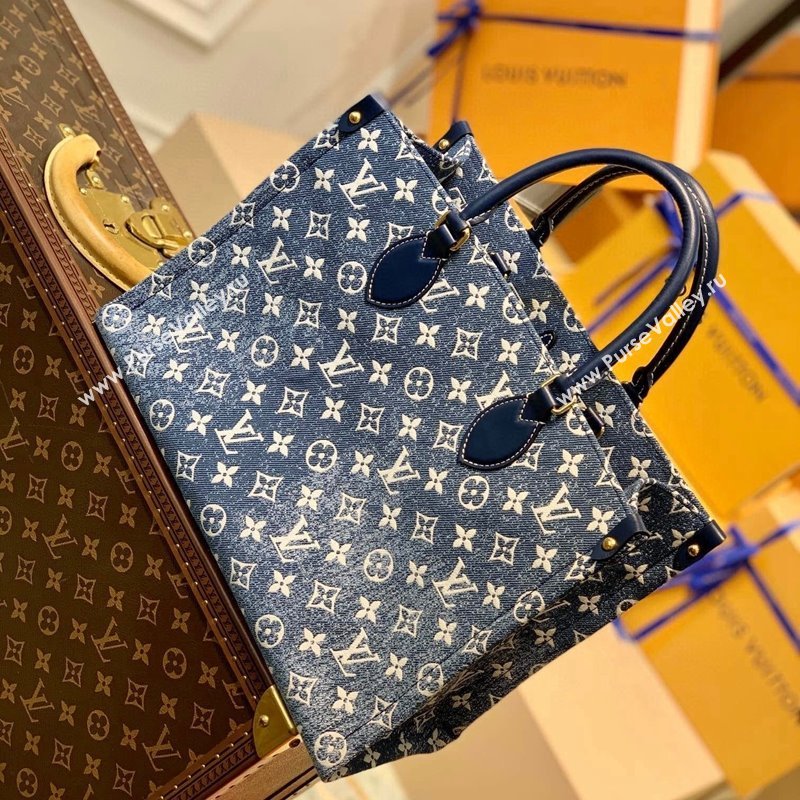 Louis Vuitton Onthego MM Tote Bag in Faded Denim Jacquard M59608 Navy Blue 2022 (KI-22030112)