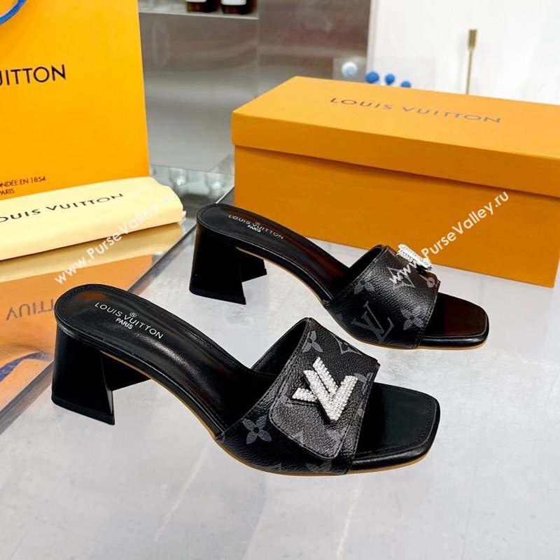 Louis Vuitton Shake Monogram Canvas Heel Slide Sandals 5.5cm with Crystal LV Twist Black 2023 (MD-231013034)