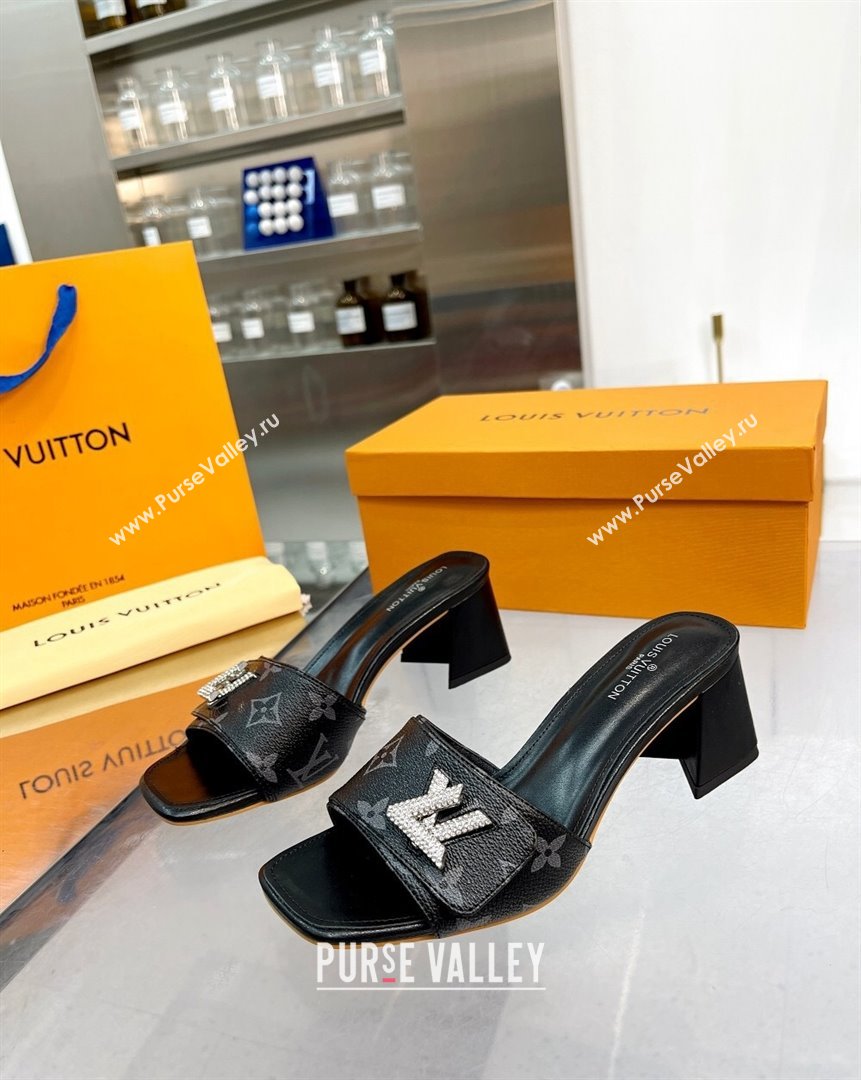 Louis Vuitton Shake Monogram Canvas Heel Slide Sandals 5.5cm with Crystal LV Twist Black 2023 (MD-231013034)