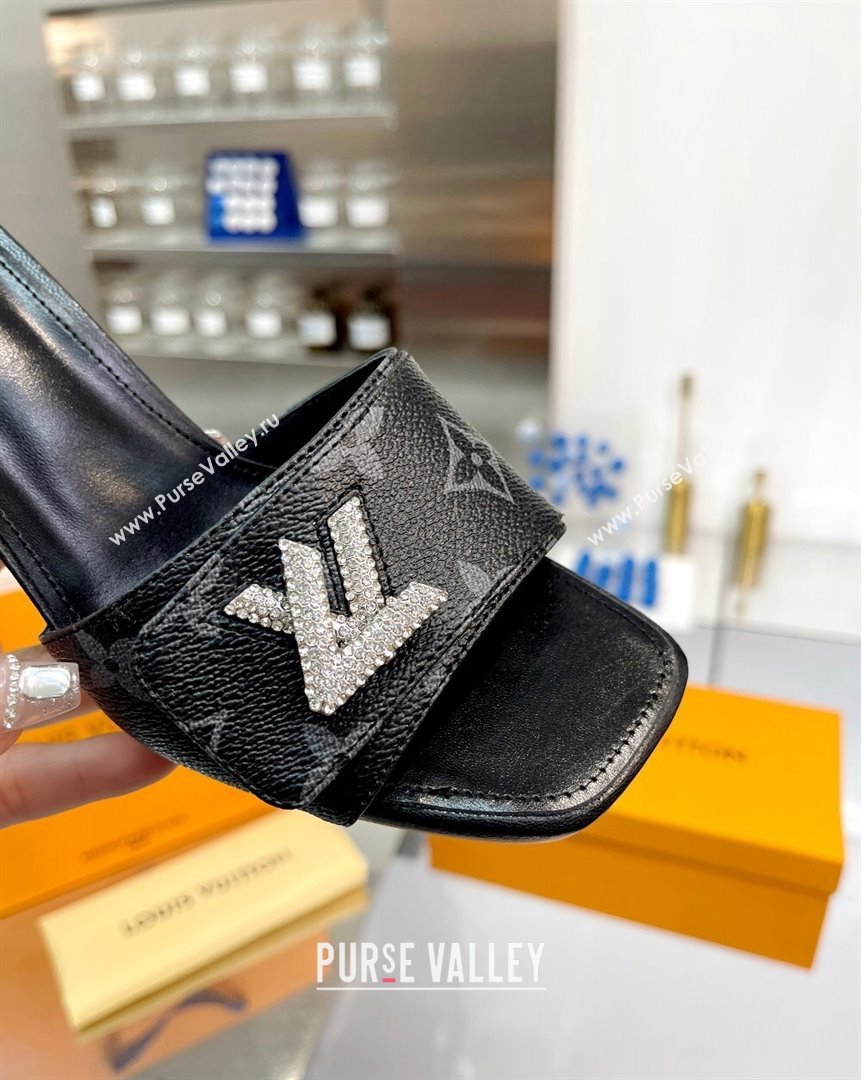 Louis Vuitton Shake Monogram Canvas Heel Slide Sandals 5.5cm with Crystal LV Twist Black 2023 (MD-231013034)