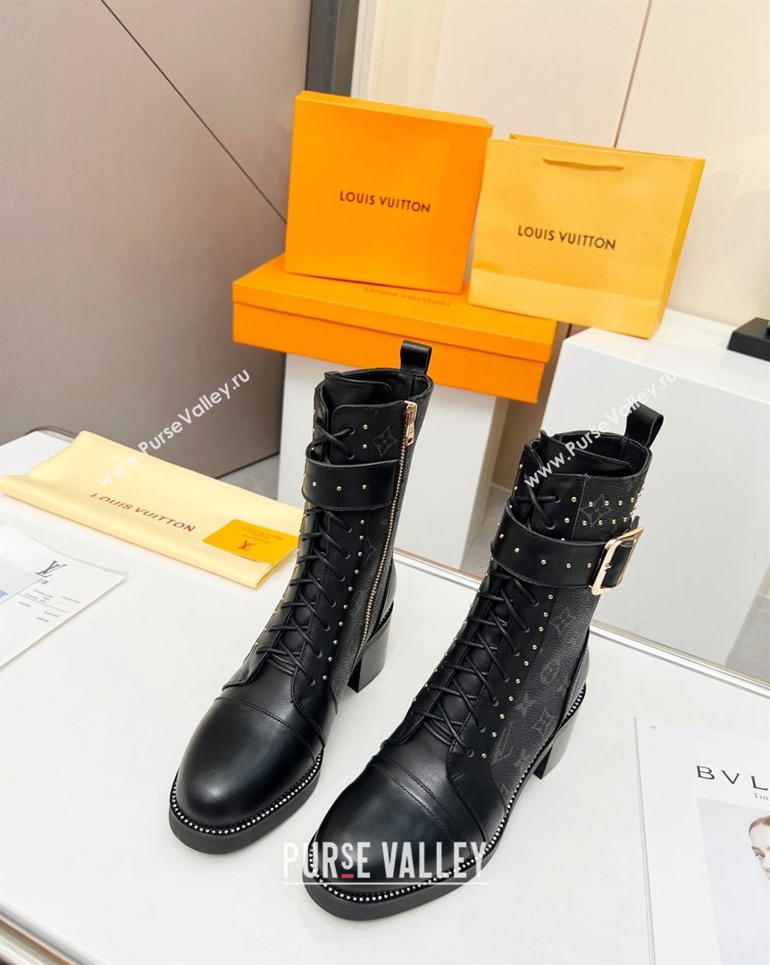 Louis Vuitton Monogram Canvas Ankle Boots 5cm with Buckle Strap and Studs Black 2023 LV101202 (MD-231012110)