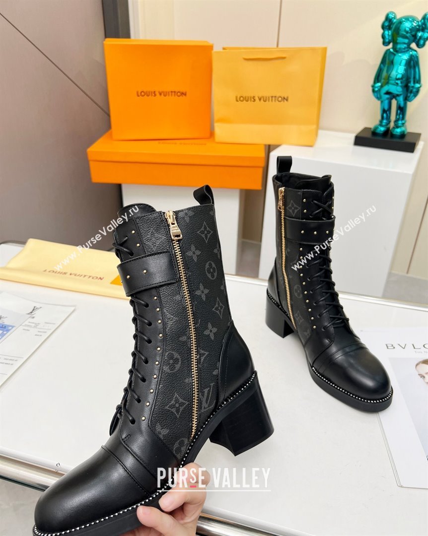 Louis Vuitton Monogram Canvas Ankle Boots 5cm with Buckle Strap and Studs Black 2023 LV101202 (MD-231012110)