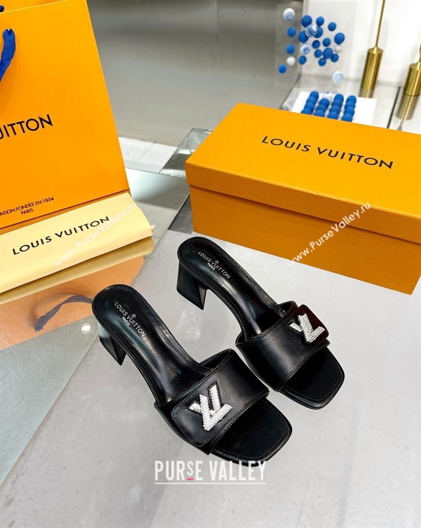 Louis Vuitton Shake Leather Heel Slide Sandals 5.5cm with Crystal LV Twist Black 2023 (MD-231013037)