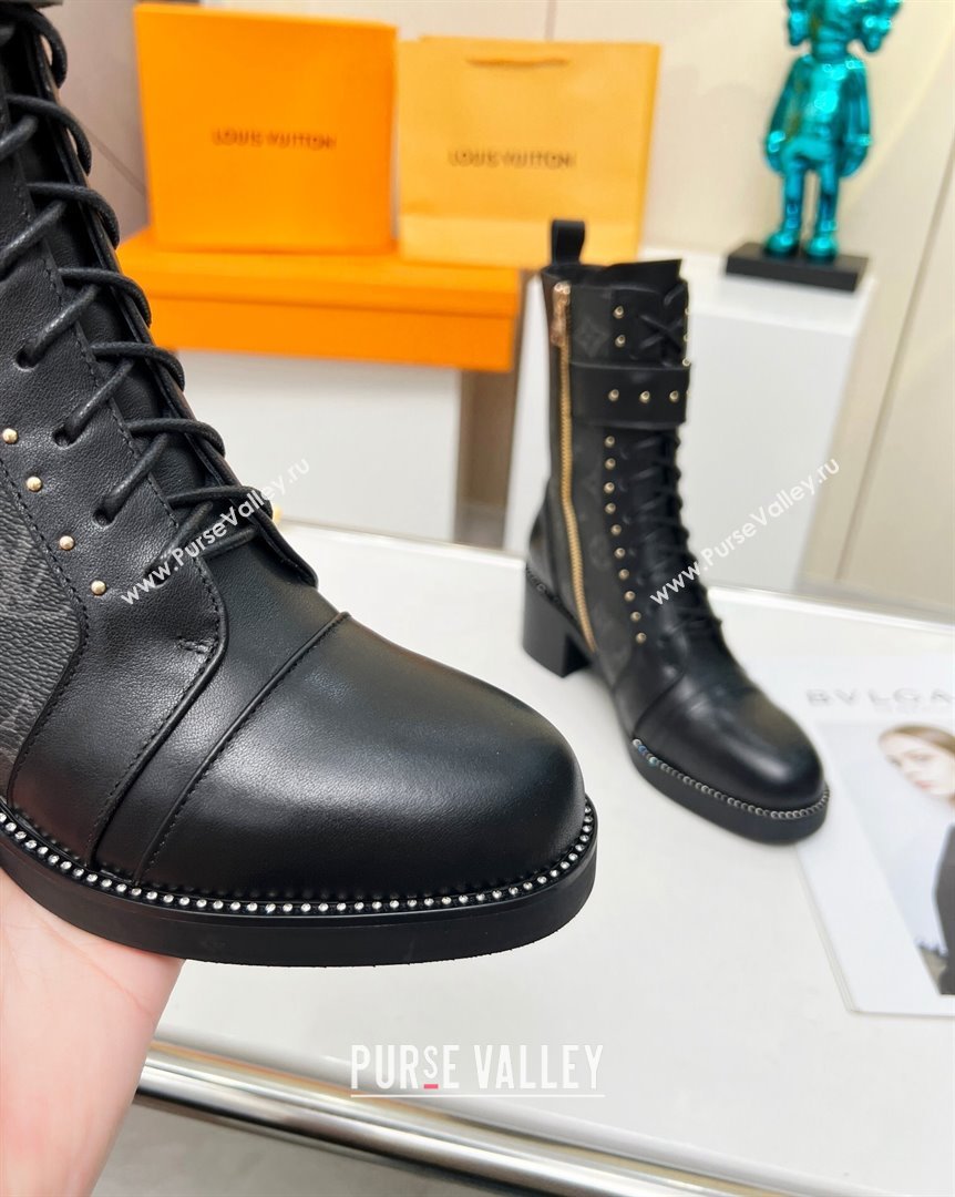 Louis Vuitton Monogram Canvas Ankle Boots 5cm with Buckle Strap and Studs Black 2023 LV101202 (MD-231012110)