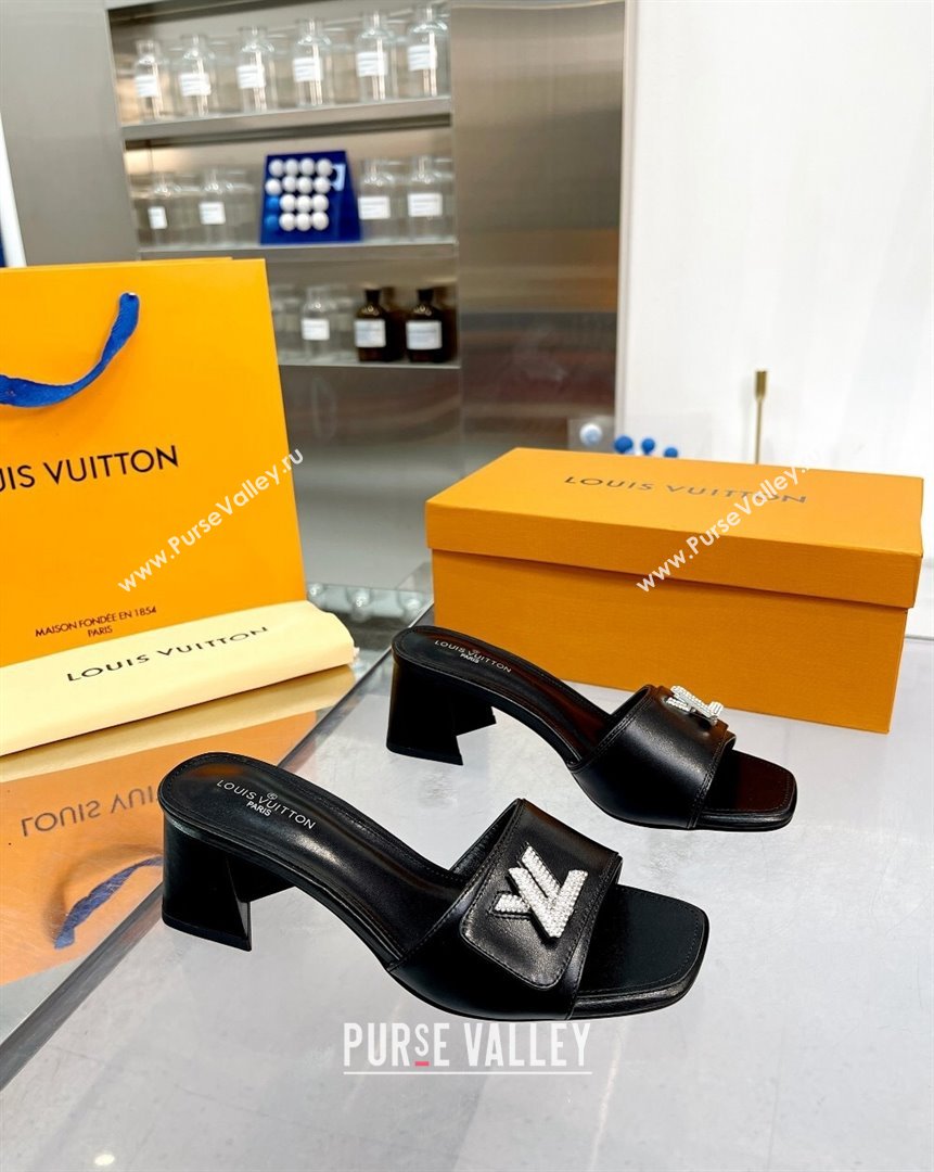 Louis Vuitton Shake Leather Heel Slide Sandals 5.5cm with Crystal LV Twist Black 2023 (MD-231013037)