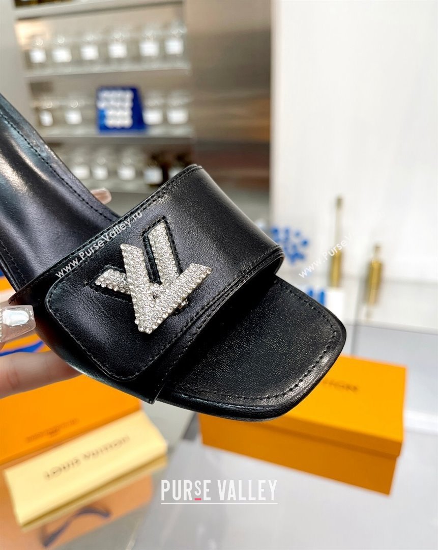 Louis Vuitton Shake Leather Heel Slide Sandals 5.5cm with Crystal LV Twist Black 2023 (MD-231013037)