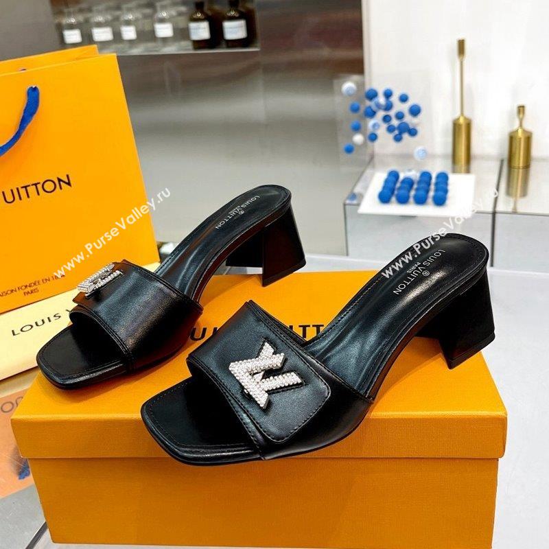 Louis Vuitton Shake Leather Heel Slide Sandals 5.5cm with Crystal LV Twist Black 2023 (MD-231013037)