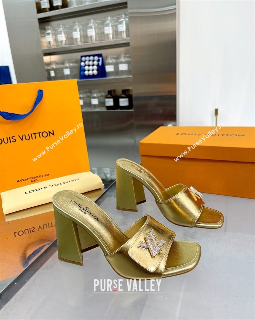 Louis Vuitton Shake Leather Heel Slide Sandals 9.5cm with Crystal LV Twist Gold 2023 (MD-231013039)