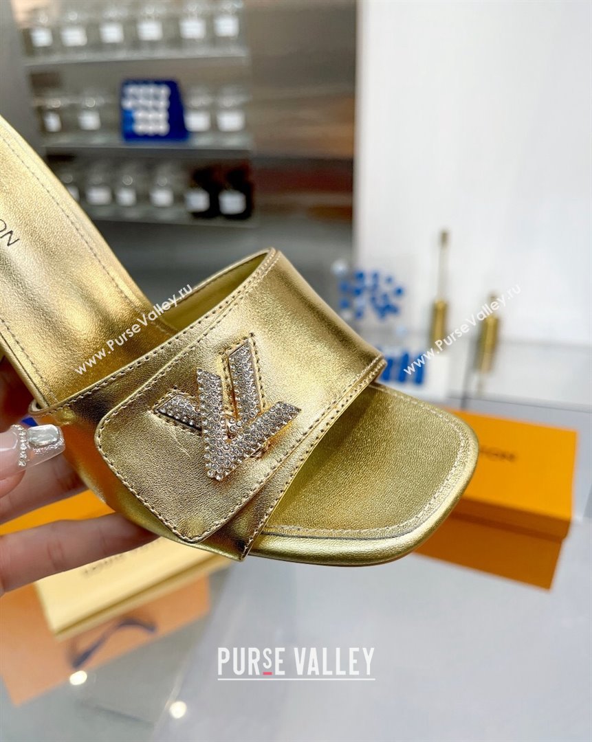 Louis Vuitton Shake Leather Heel Slide Sandals 9.5cm with Crystal LV Twist Gold 2023 (MD-231013039)