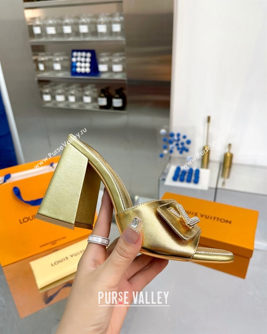 Louis Vuitton Shake Leather Heel Slide Sandals 9.5cm with Crystal LV Twist Gold 2023 (MD-231013039)