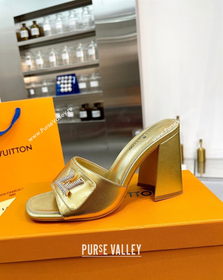 Louis Vuitton Shake Leather Heel Slide Sandals 9.5cm with Crystal LV Twist Gold 2023 (MD-231013039)