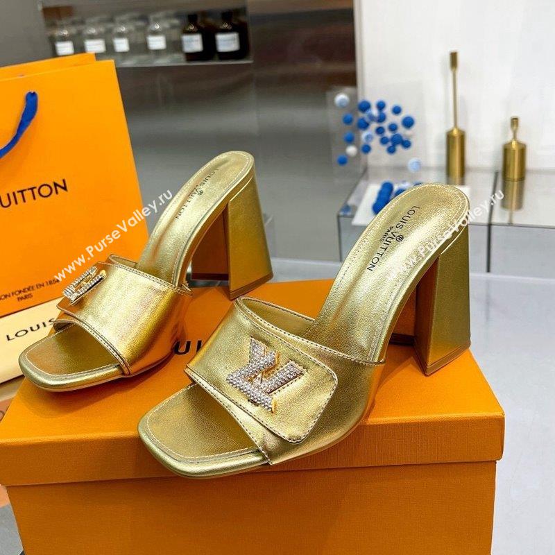 Louis Vuitton Shake Leather Heel Slide Sandals 9.5cm with Crystal LV Twist Gold 2023 (MD-231013039)