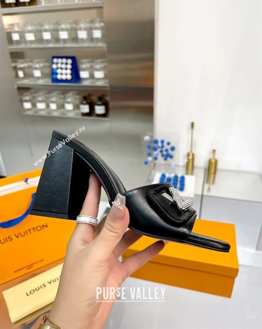 Louis Vuitton Shake Leather Heel Slide Sandals 9.5cm with Crystal LV Twist Black 2023 (MD-231013043)