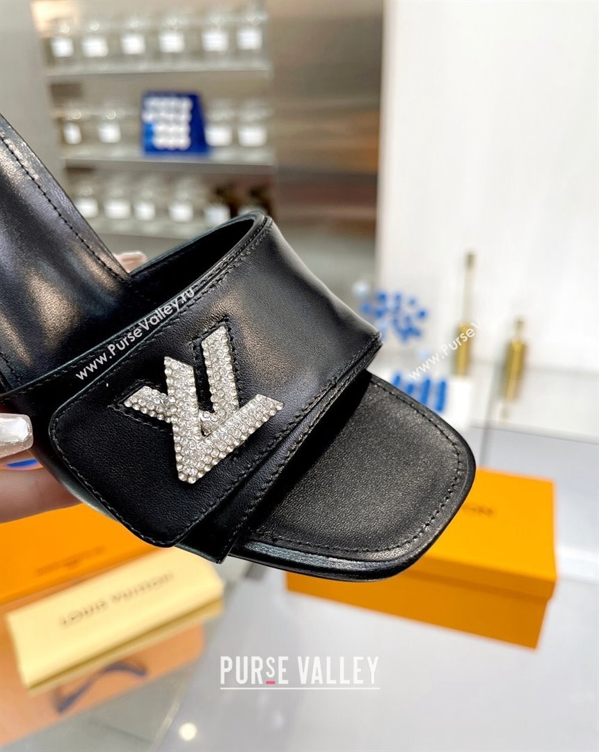 Louis Vuitton Shake Leather Heel Slide Sandals 9.5cm with Crystal LV Twist Black 2023 (MD-231013043)