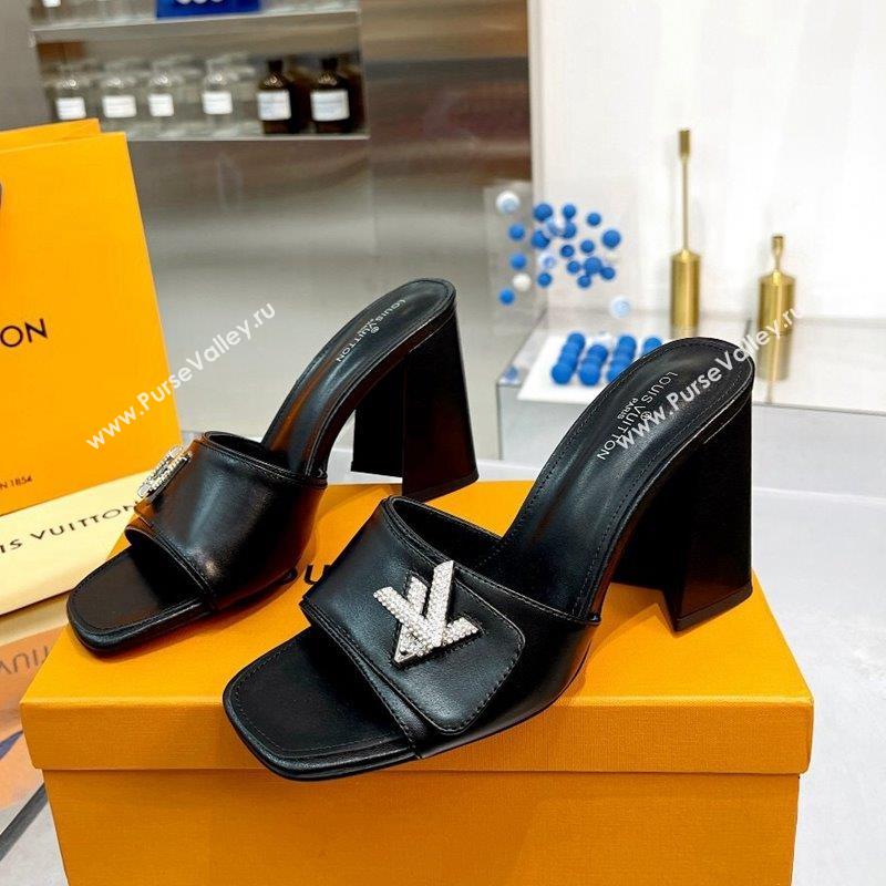 Louis Vuitton Shake Leather Heel Slide Sandals 9.5cm with Crystal LV Twist Black 2023 (MD-231013043)