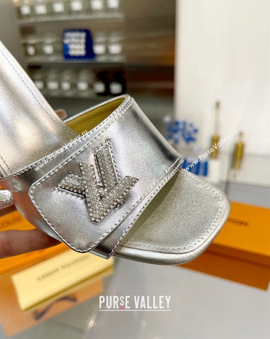 Louis Vuitton Shake Leather Heel Slide Sandals 9.5cm with Crystal LV Twist Silver 2023 (MD-231013044)