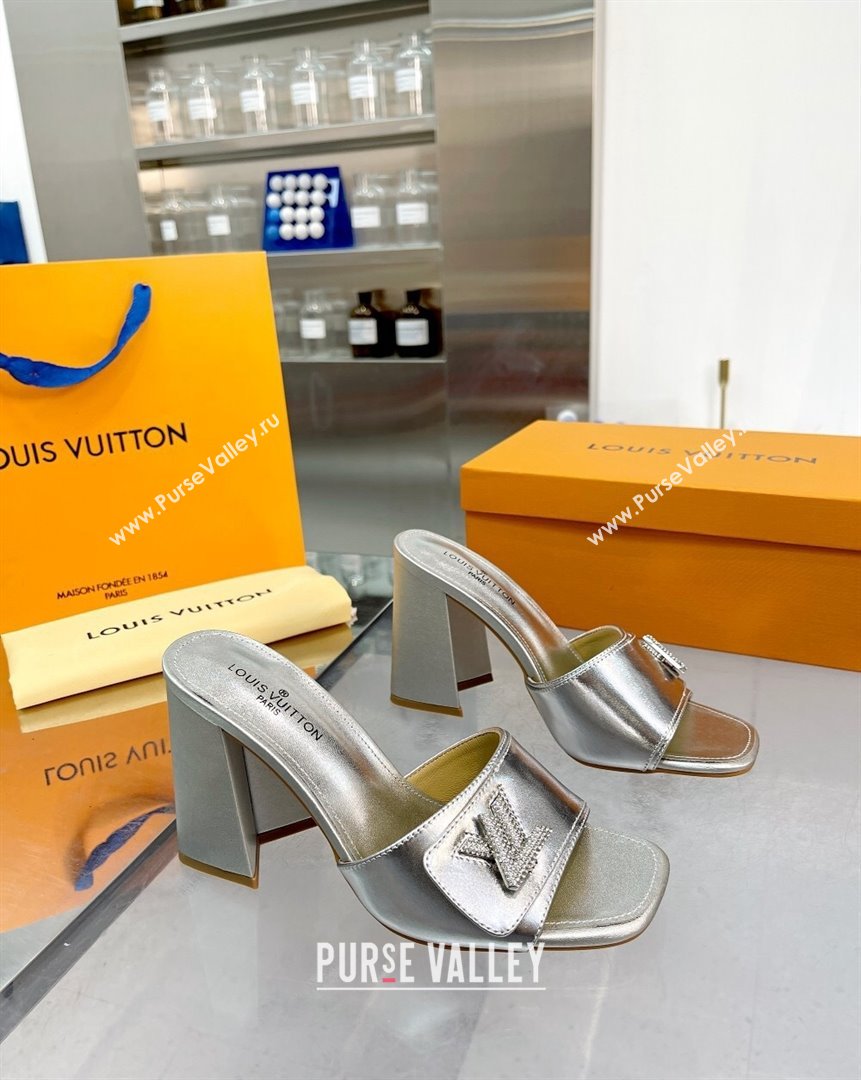 Louis Vuitton Shake Leather Heel Slide Sandals 9.5cm with Crystal LV Twist Silver 2023 (MD-231013044)