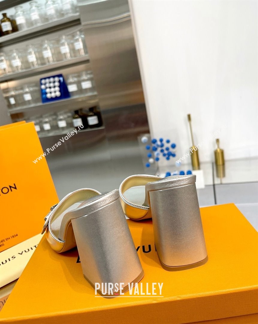 Louis Vuitton Shake Leather Heel Slide Sandals 9.5cm with Crystal LV Twist Silver 2023 (MD-231013044)