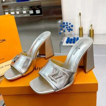 Louis Vuitton Shake Leather Heel Slide Sandals 9.5cm with Crystal LV Twist Silver 2023 (MD-231013044)